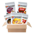 Box of Tassimo coffee pods featuring Costa, Kenco, and Morning Cafe brands.