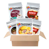 Box of Tassimo coffee pods with various brands including Costa, Kenco, and L'Orèal.