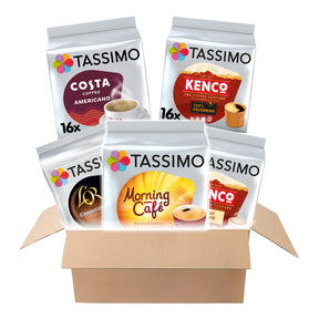 Box of Tassimo coffee pods featuring Costa, Kenco, and Morning Cafe brands.