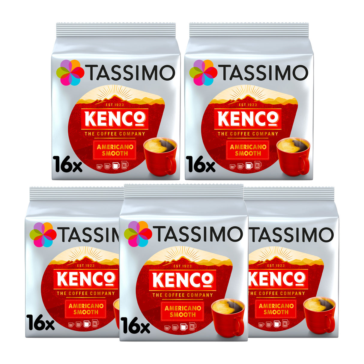 Five packages of Tassimo Kenco coffee pods on a white background