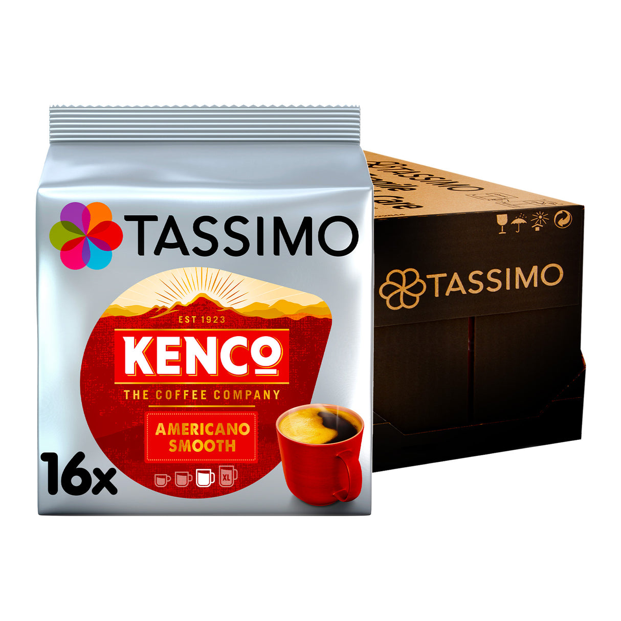 Tassimo Kenco coffee package with a Tassimo box on a white background