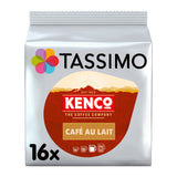 A package of Kenco Tassimo Café Au Lait coffee pods, featuring a silver bag with a large red and cream circular logo and a multicolor flower icon.