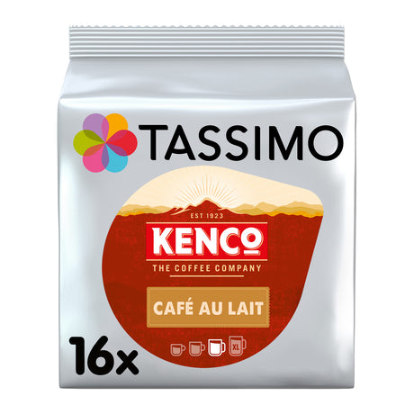 A package of Kenco Tassimo Café Au Lait coffee pods, featuring a silver bag with a large red and cream circular logo and a multicolor flower icon.