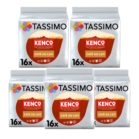 Five packages of Tassimo Kenco Café Au Lait coffee pods arranged in a 2x3 grid on a plain white background.