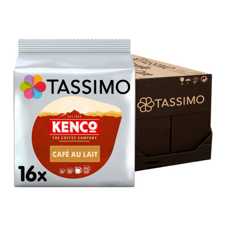 A package of Tassimo Kenco Café Au Lait coffee pods shown in front of a brown cardboard box of the same brand on a plain white background.