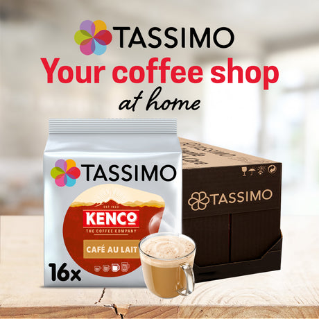 Tassimo Kenco coffee capsules in a silver pouch next to a brown cardboard box, with a glass of brewed coffee on a wooden surface. Large text at the top reads 'TASSIMO Your coffee shop at home'.