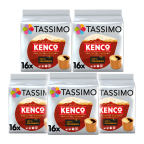 Five packages of Tassimo Kenco Colombian coffee capsules 