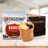 Tassimo Kenco Colombian coffee package with a steaming cup of coffee on a wooden surface.