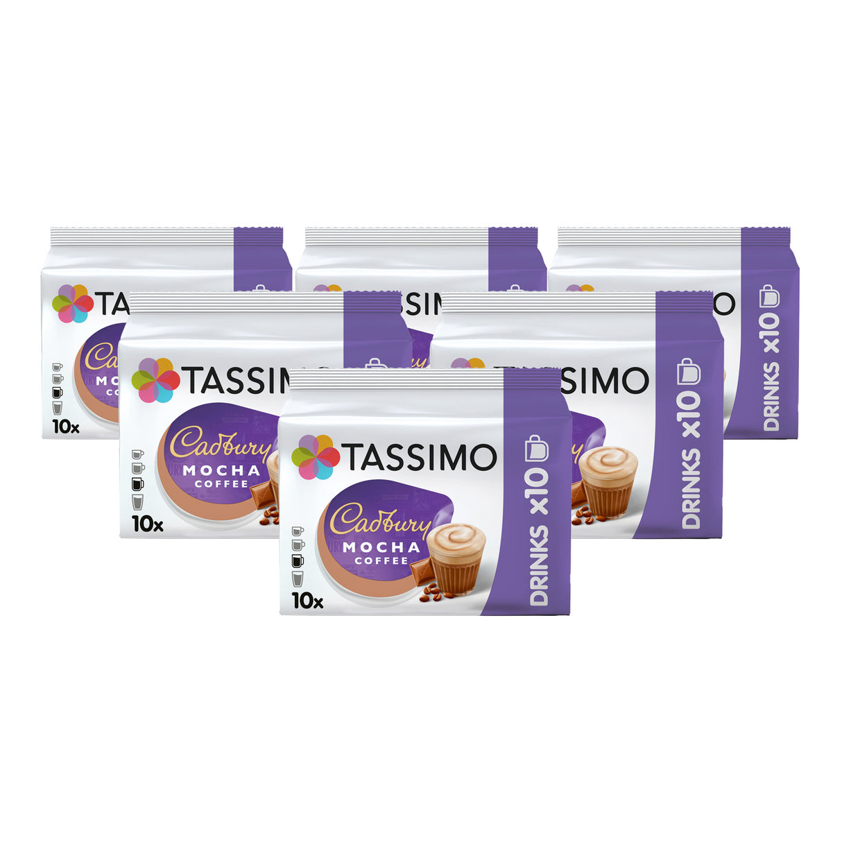 Packaging of Tassimo Cadbury Mocha coffee pods on a white background