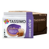Tassimo Cadbury Mocha coffee packaging with a box of Tassimo coffee pods on a white background