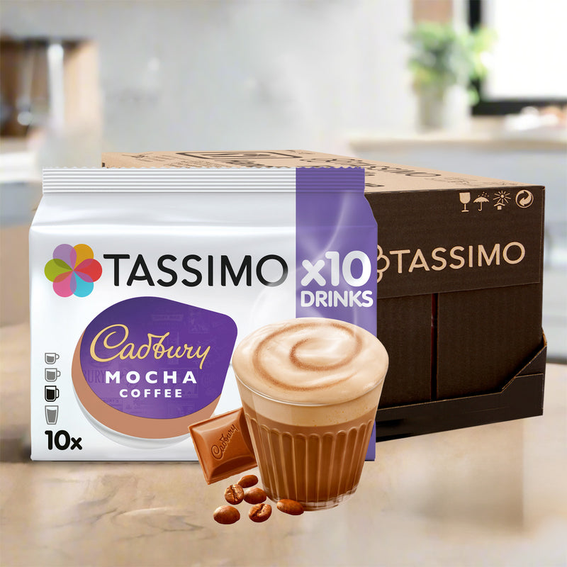 Tassimo Cadbury Mocha Coffee package on a kitchen counter