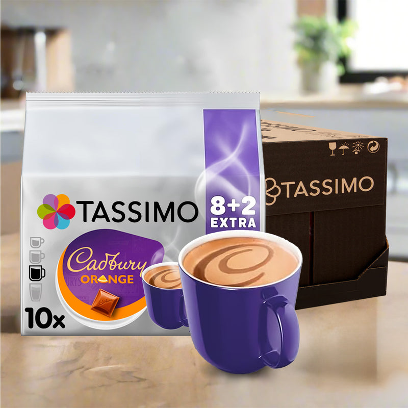 Tassimo Cadbury Orange coffee pod packaging with a purple cup filled with coffee.