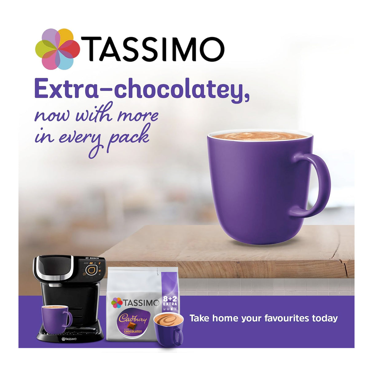 Tassimo coffee machine and cups with a purple mug on a white background