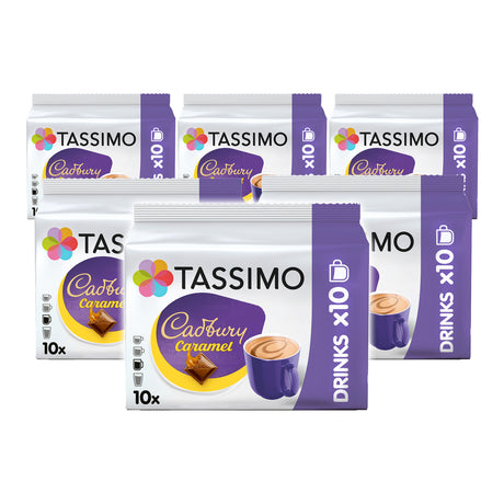Multiple packages of Tassimo Cadbury Caramel coffee pods on a white background