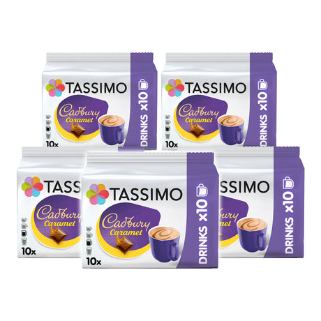 Packaging of Tassimo Cadbury Caramel coffee pods on a white background