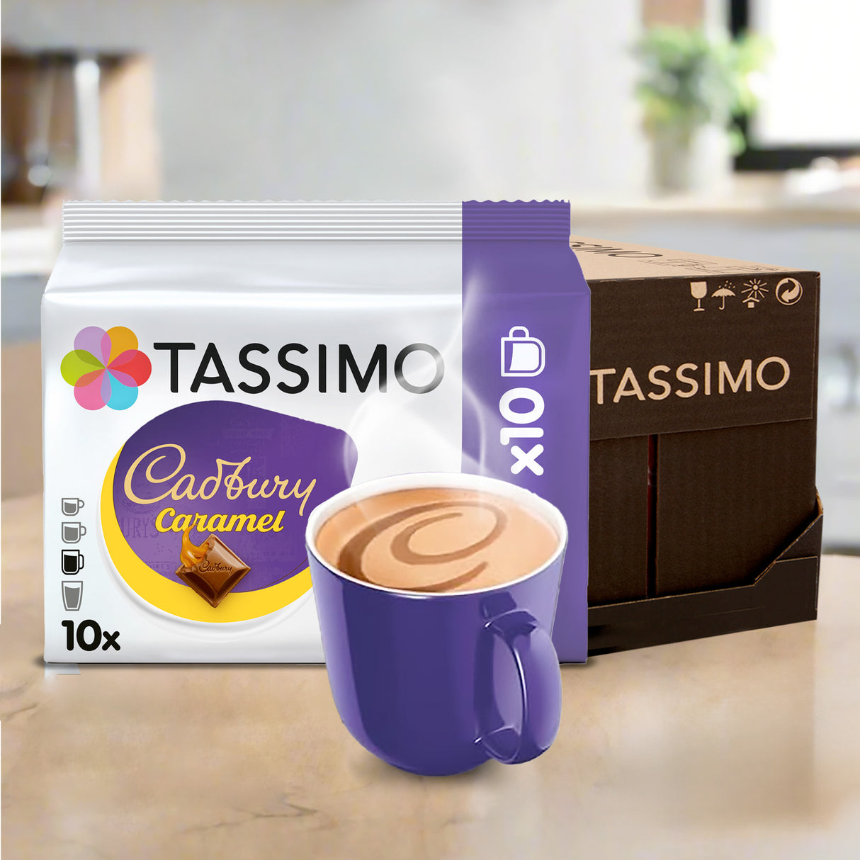 Tassimo Cadbury Caramel coffee packaging with a purple cup filled with coffee.