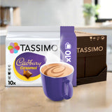 Tassimo Cadbury Caramel coffee packaging with a purple cup filled with coffee.