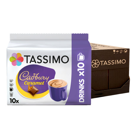 Tassimo Cadbury Caramel coffee pods packaging on a white background