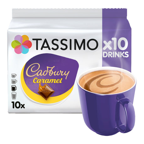 Tassimo Cadbury Caramel coffee pod package with a purple mug filled with caramel coffee.