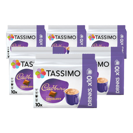 Packaging of Tassimo Cadbury chocolate drinks on a white background