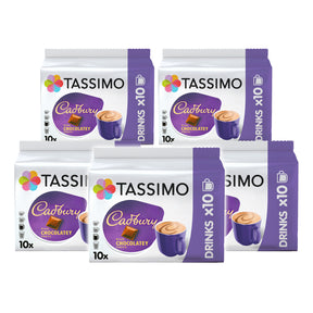 Multiple Tassimo Cadbury coffee pods on a white background