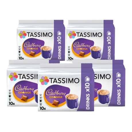 Four packages of Tassimo Cadbury Orange coffee pods on a white background