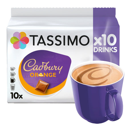 Tassimo Cadbury Orange coffee pod package with a purple mug on a white background