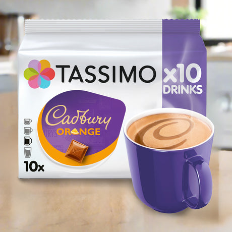 Tassimo Cadbury Orange coffee pod package with a purple mug filled with coffee.