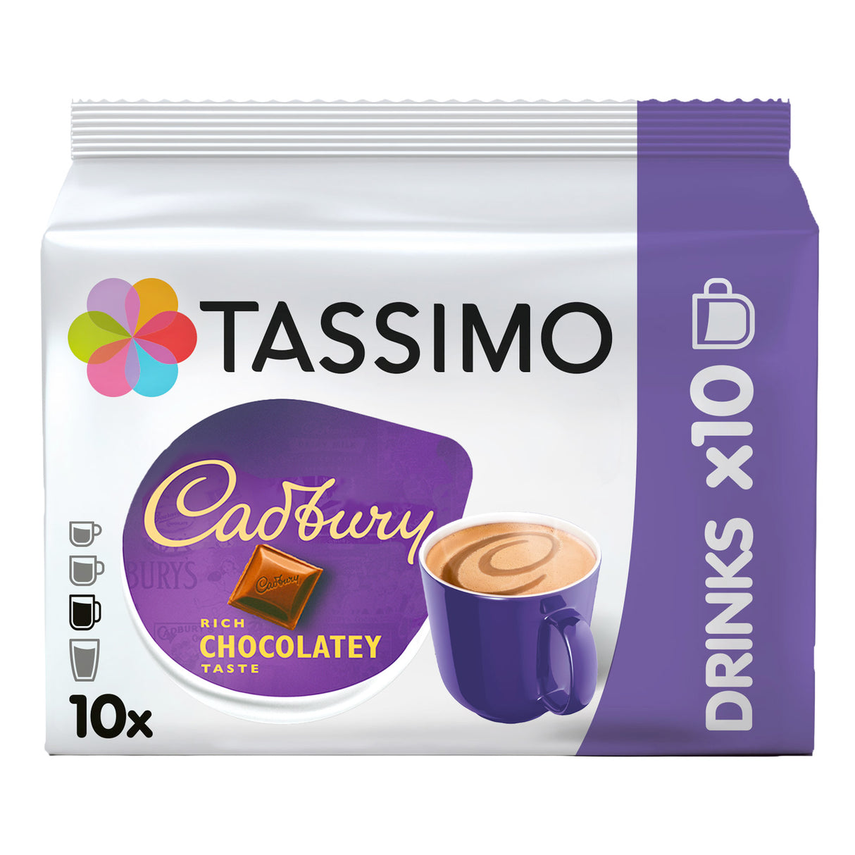 Tassimo Cadbury chocolate coffee pod packaging on a white background