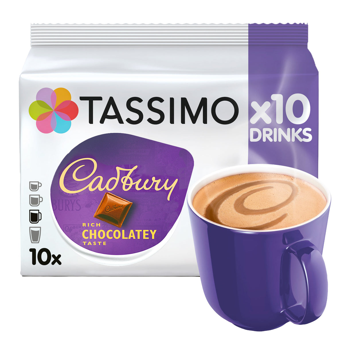 Tassimo Cadbury chocolate coffee package with a purple mug on a white background