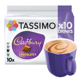 Tassimo Cadbury chocolate coffee package with a purple mug on a white background