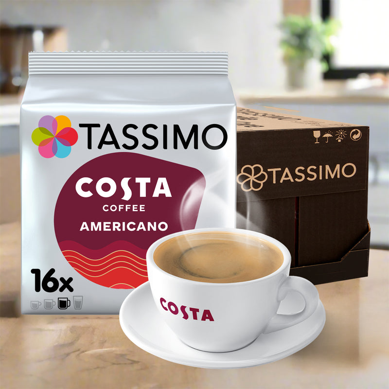 Tassimo Costa Coffee Americano packaging with a cup of coffee on a table.