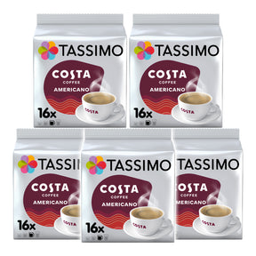 Five packages of Tassimo Costa Coffee Americano on a white background