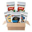 Box of Tassimo coffee pods featuring various brands on a white background