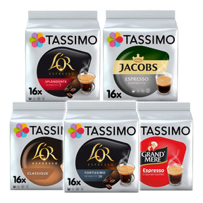 Collection of Tassimo coffee packs featuring L'Or, Jacobs, and Grand Mere brands on a white background.