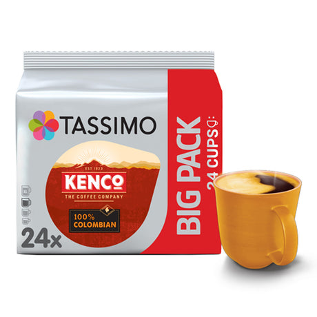 Tassimo Kenco coffee capsule packaging with a yellow cup of coffee on a white background