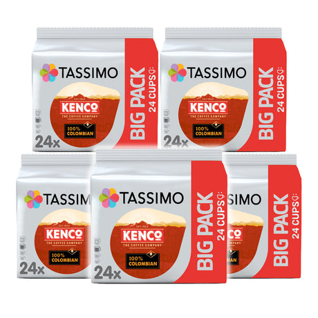 Five Tassimo Kenco coffee packs on a white background
