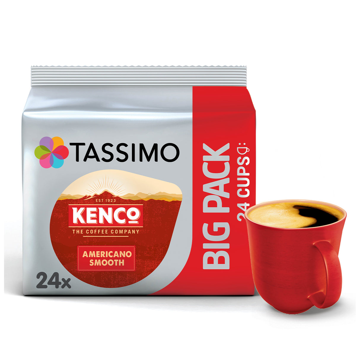 Tassimo Kenco coffee pack with a red cup of coffee on a white background