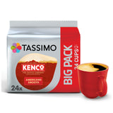 Tassimo Kenco coffee pack with a red cup of coffee on a white background