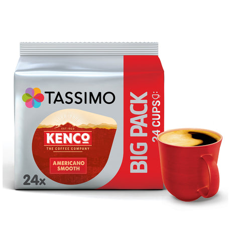 Tassimo Kenco coffee pack with a red cup of coffee on a white background