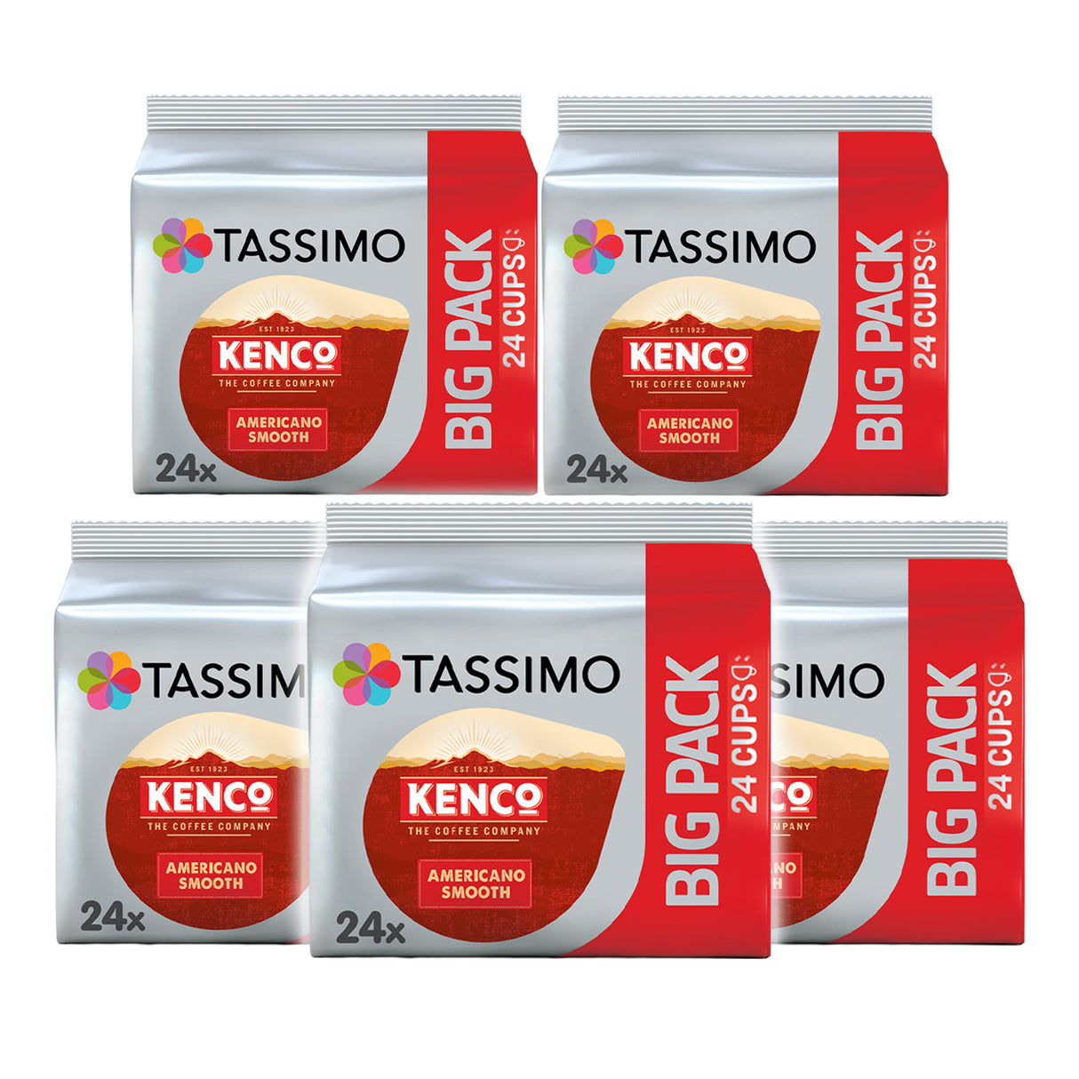Five Tassimo Kenco Big Pack coffee pods on a white background