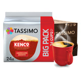 Tassimo Kenco Americano coffee pack with a red cup on a white background