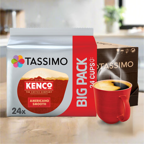 Tassimo Kenco Americano coffee  with a red cup on a blurred kitchen background