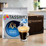 Tassimo L'Or Decaf coffee package with a glass of coffee on a kitchen counter.