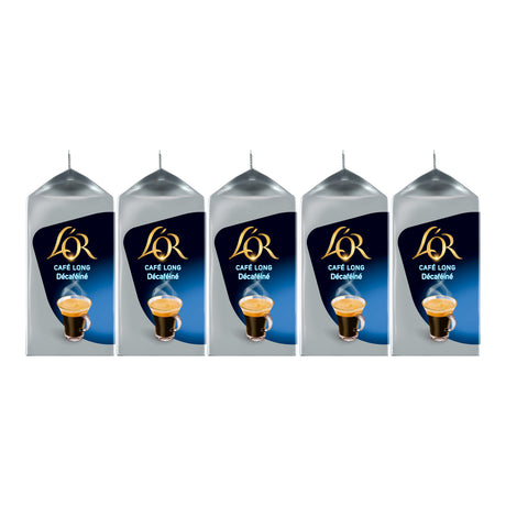 Five L'OR coffee pod packages on a white background