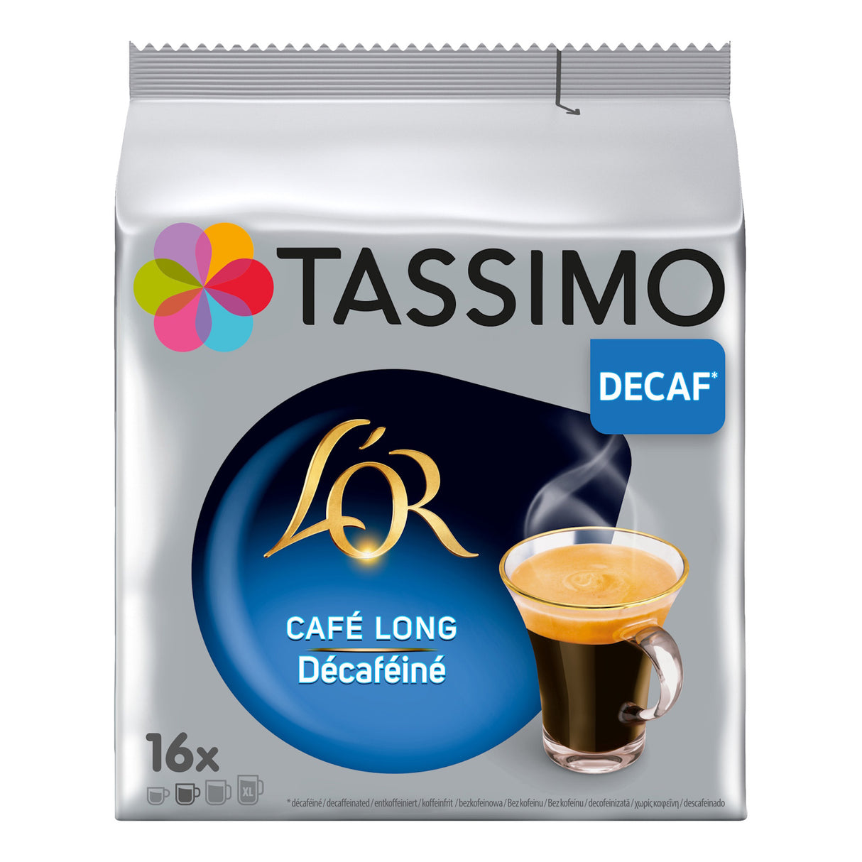 Tassimo Lör Decaf coffee package on a white background