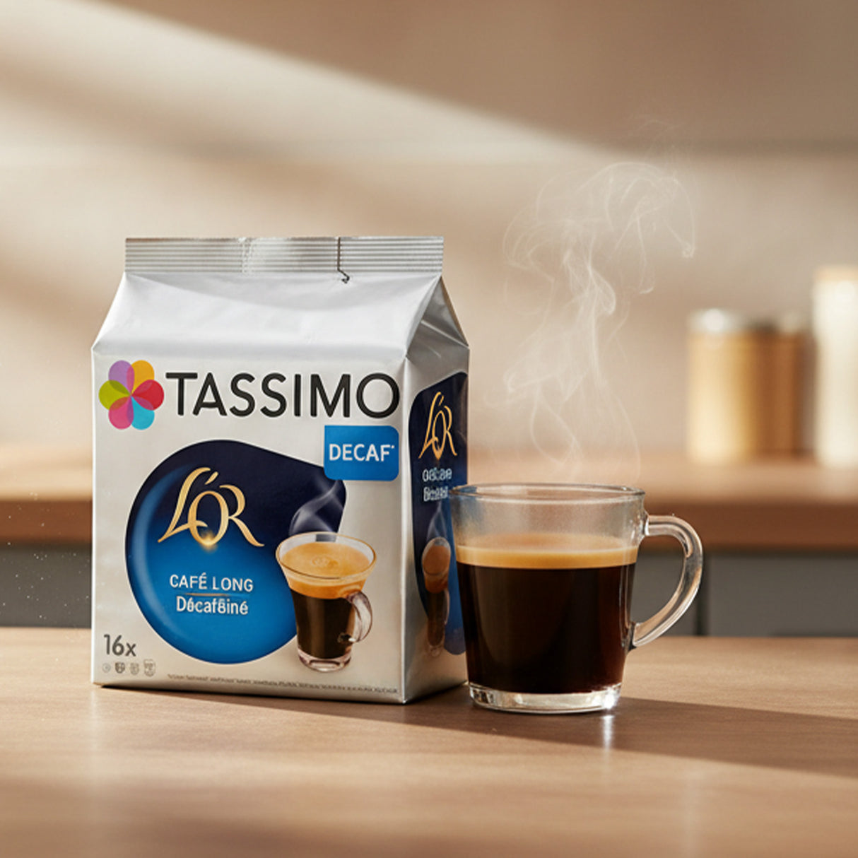 Tassimo decaf coffee package with a steaming cup of coffee on a wooden surface.
