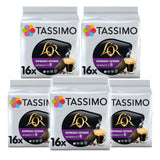 Five packs of Tassimo LOR Espresso Intense coffee pods on a white background