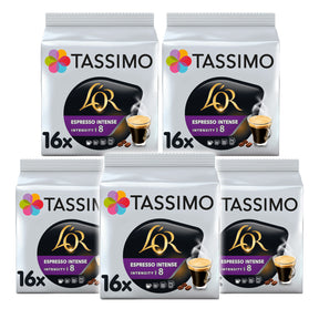 Five packs of Tassimo LOR Espresso Intense coffee pods on a white background