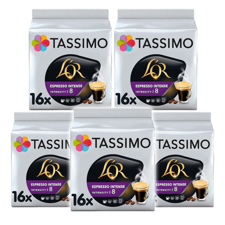 Five packs of Tassimo LOR Espresso Intense coffee pods on a white background
